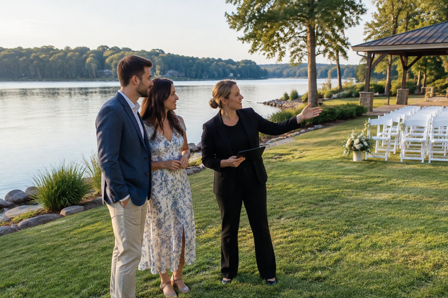 A couple and venue coordinator inspect a lakeside wedding site.