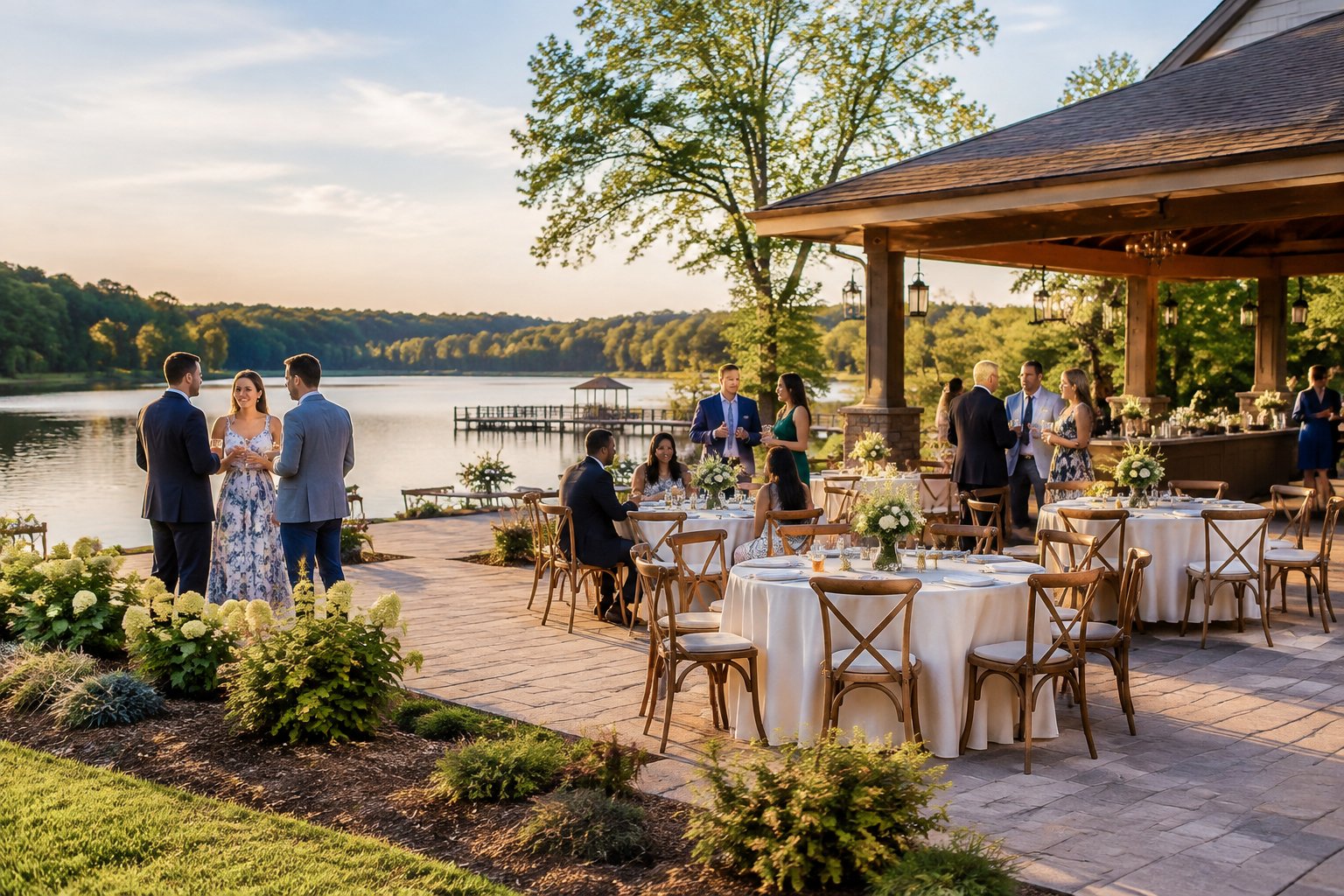 Guests gather at a lakeside venue with dining tables beside the water.