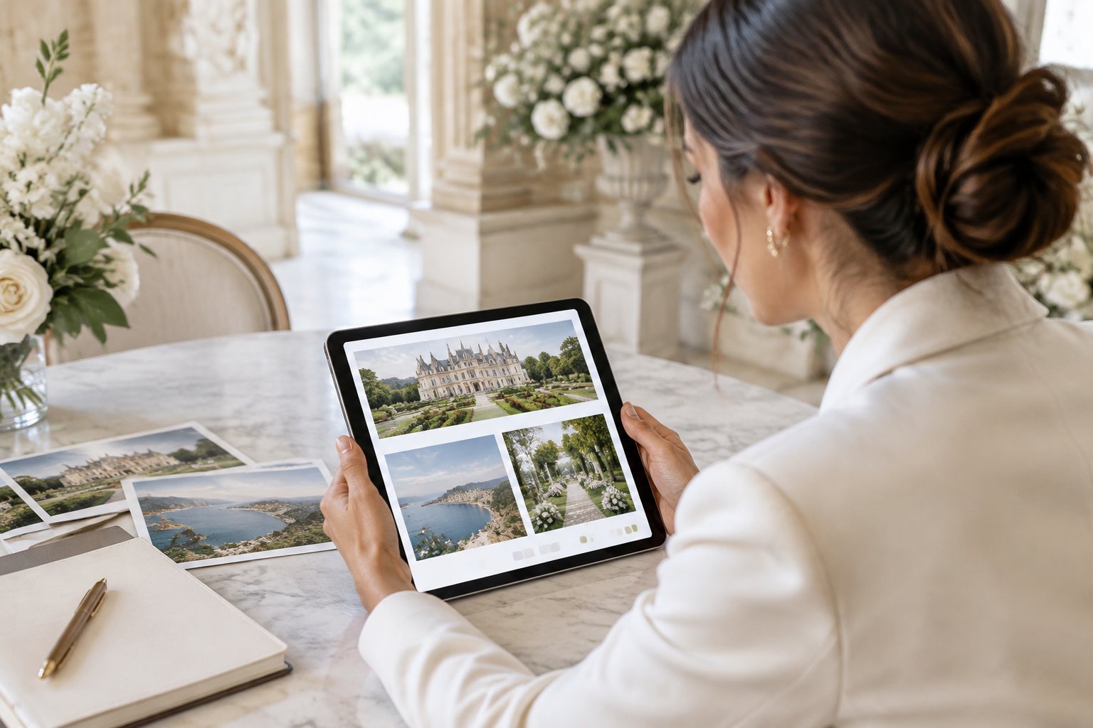 A wedding planner browses venue photographs on a tablet at a desk.