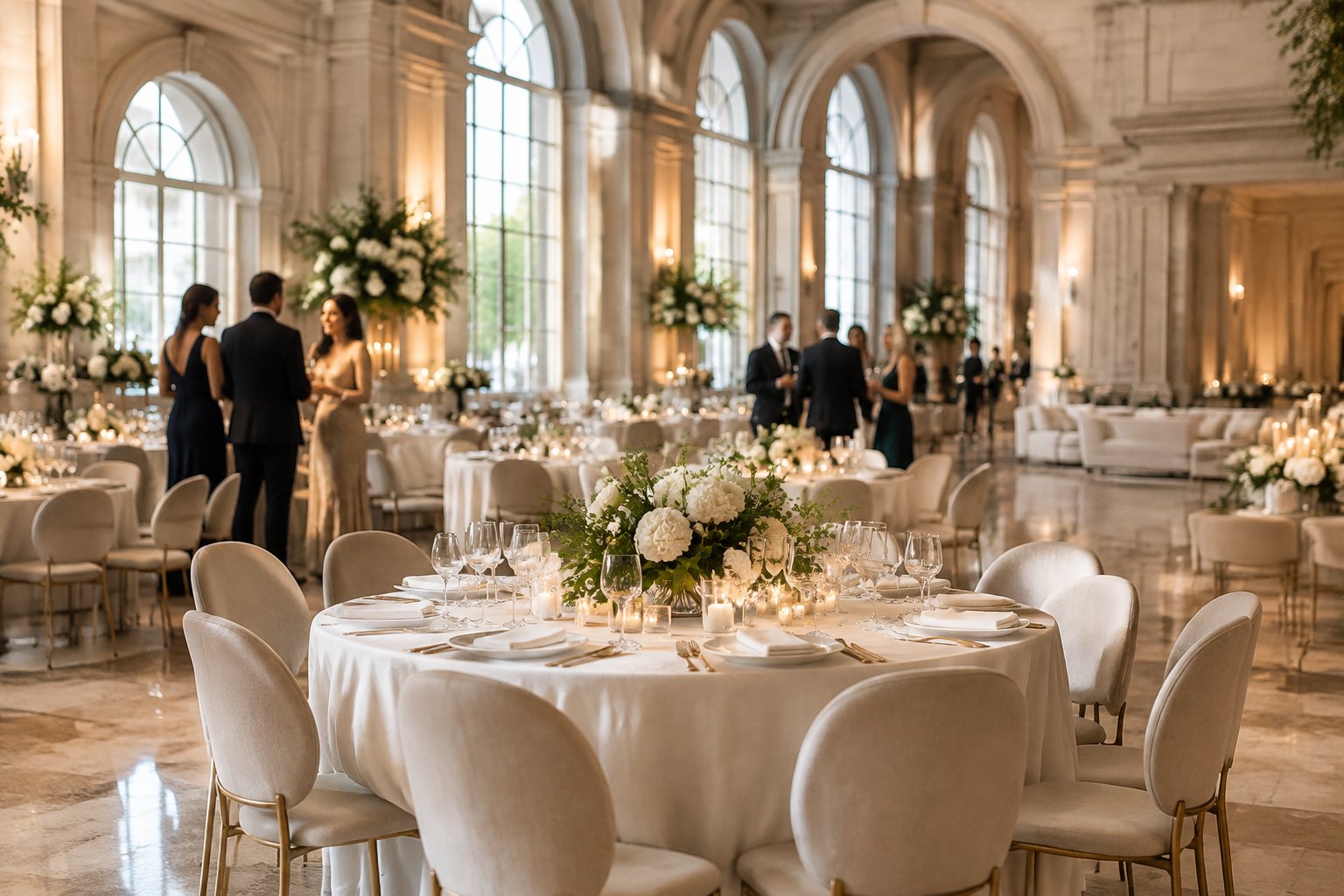 A wedding reception set in an elegant venue with guests and decorated tables.