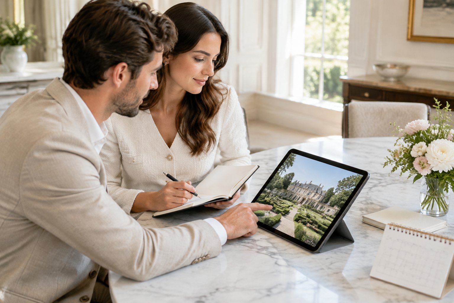 A couple reviews a wedding venue on a tablet at a table.