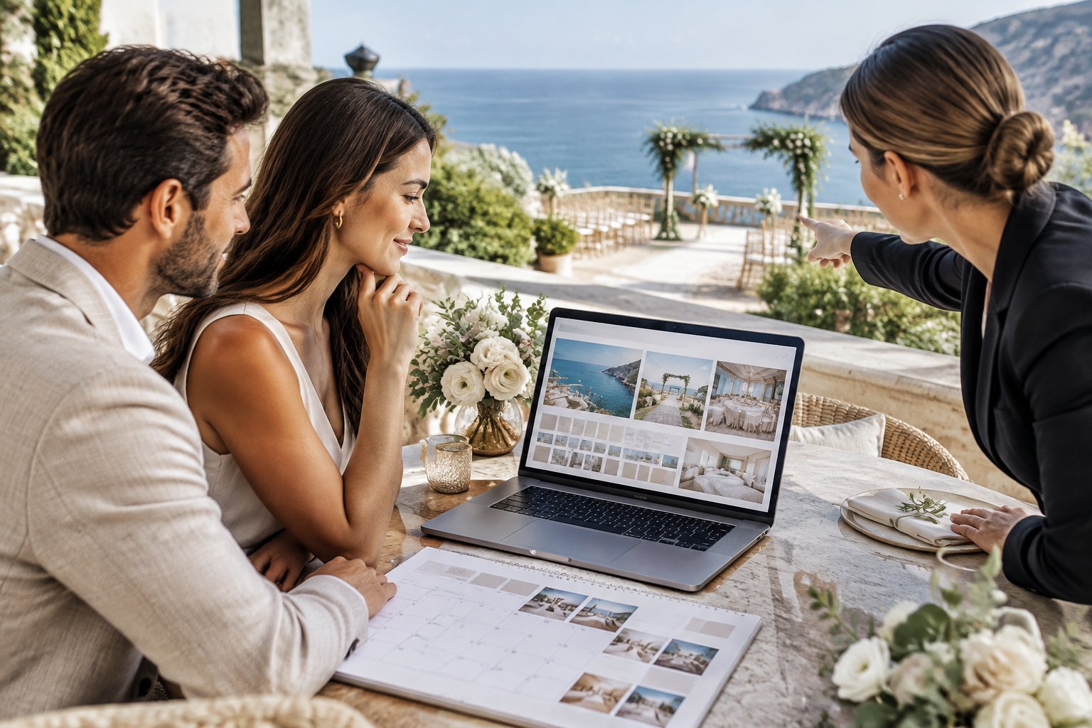 A couple reviews a wedding venue website with a coordinator at a seaside resort.