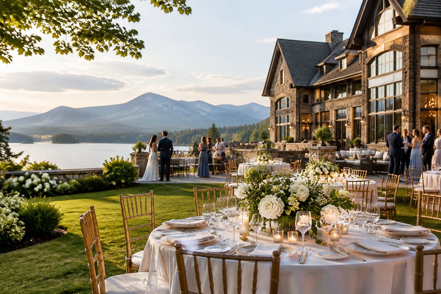 Guests gather at an elegant wedding reception beside a lake.