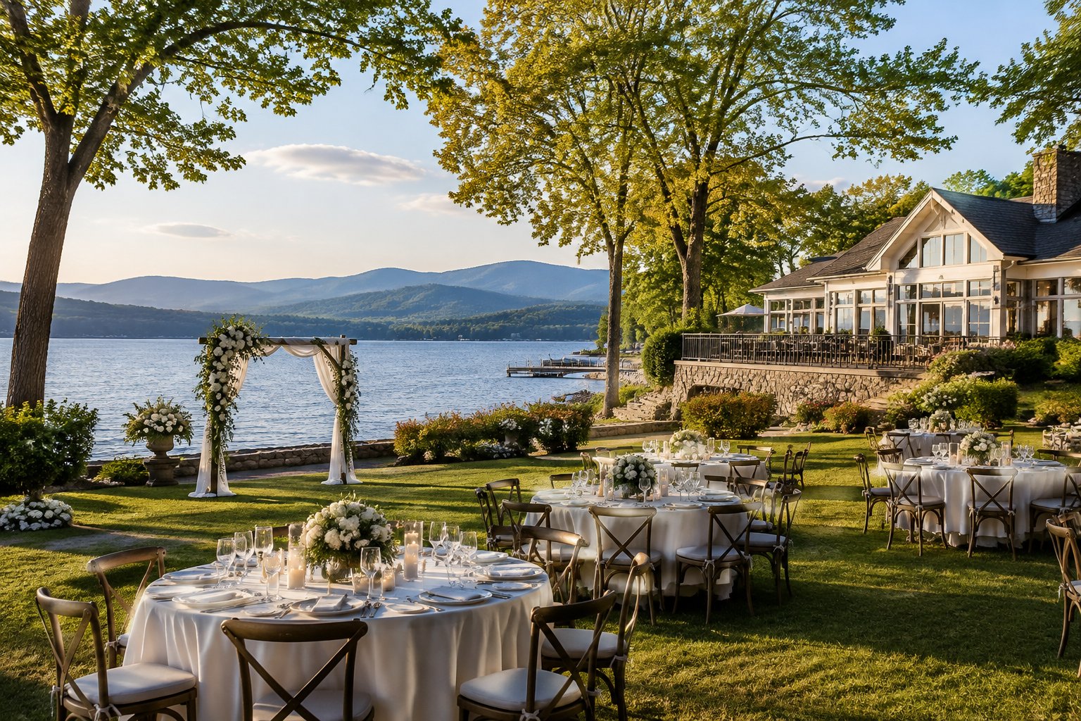 An elegant wedding reception set on a lawn beside a lake, with mountains in the distance.