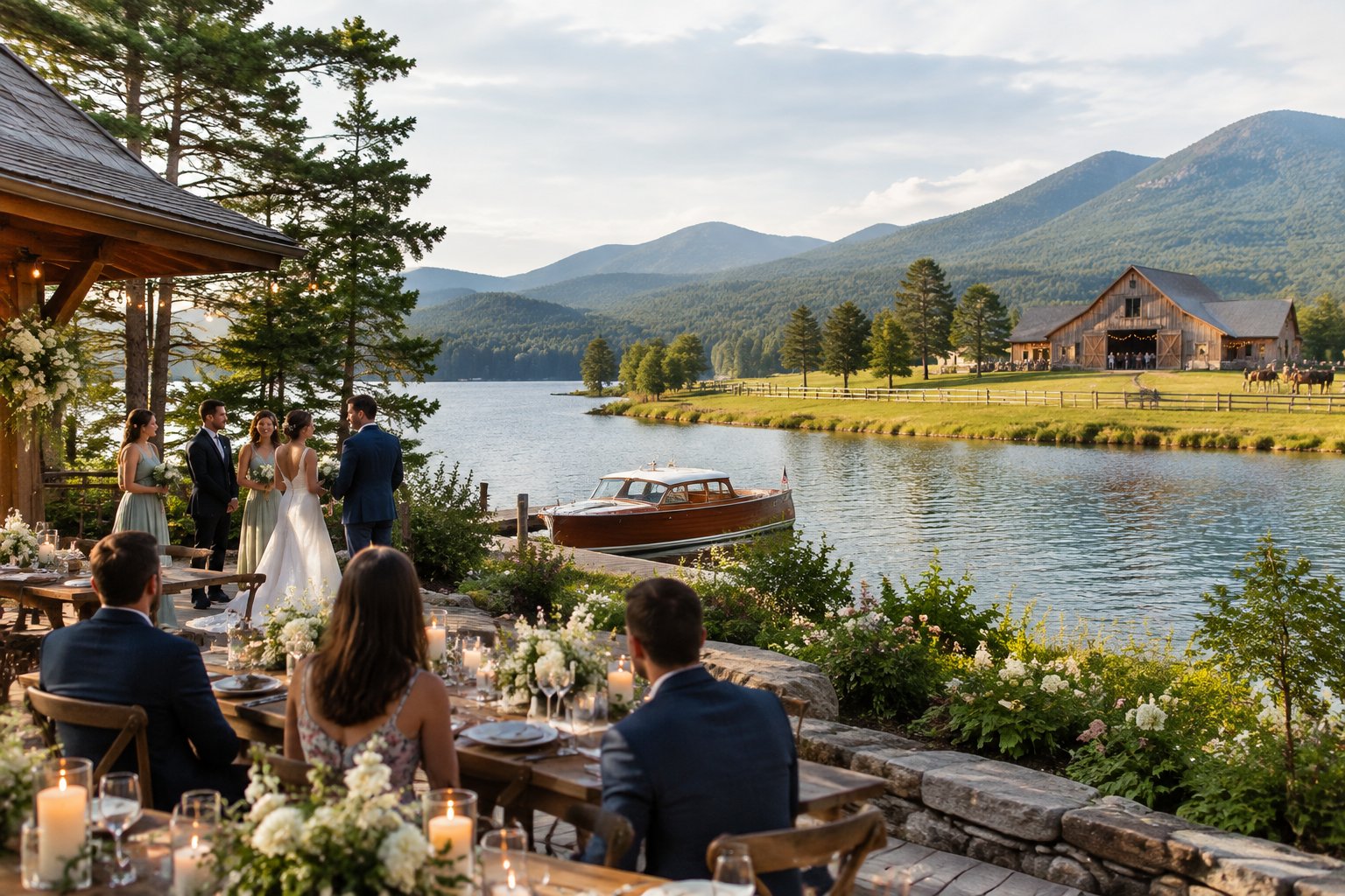 A wedding reception by a lake with a boat, wooded mountains, and a ranch-style barn in the distance.