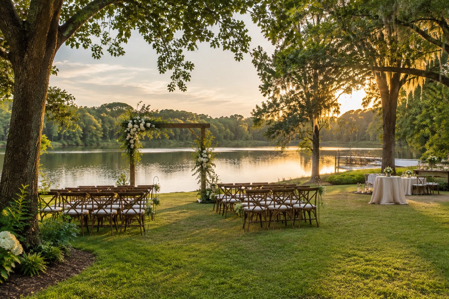 A wedding ceremony setup beside a lake, framed by trees and greenery.