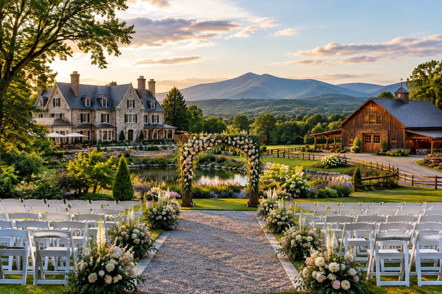 An estate, rustic barn, and outdoor wedding ceremony setup on a landscaped property.