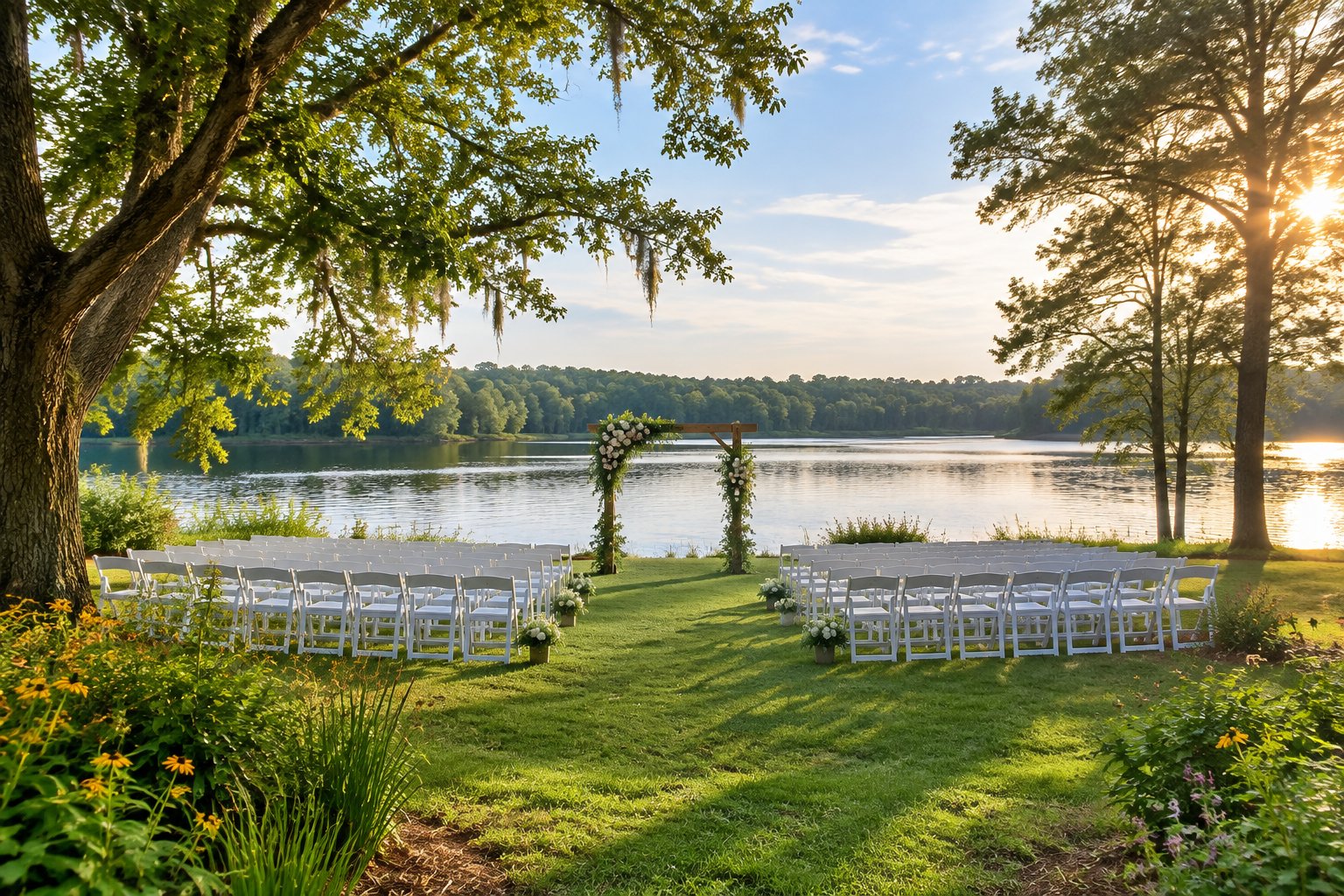 A wedding ceremony setup on a grassy lakeshore beneath trees.