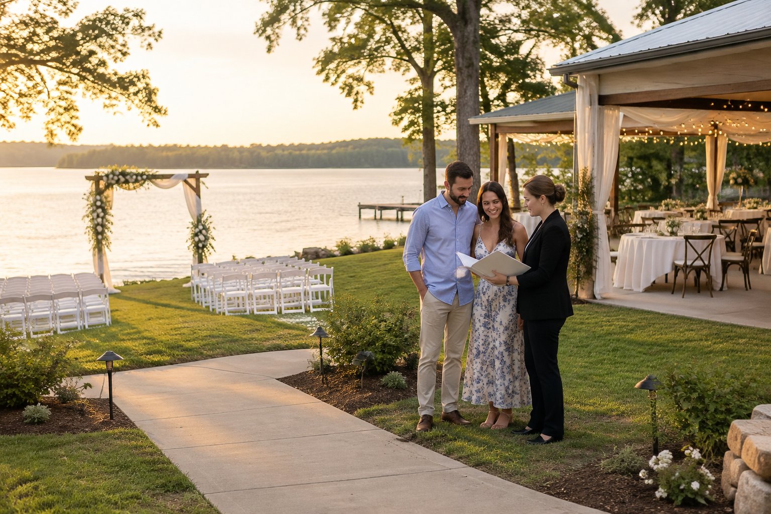 A couple and venue coordinator review plans beside a wedding setup on a lakeshore.