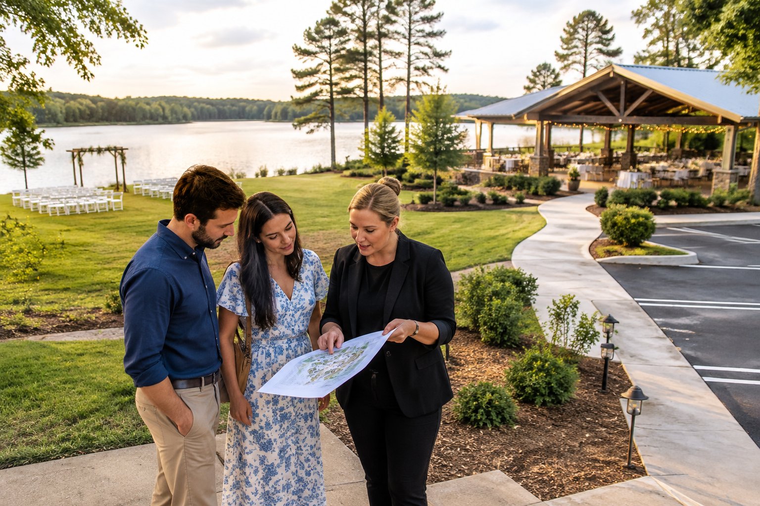 An engaged couple and venue coordinator review a lakeside wedding site plan beside an outdoor ceremony area.