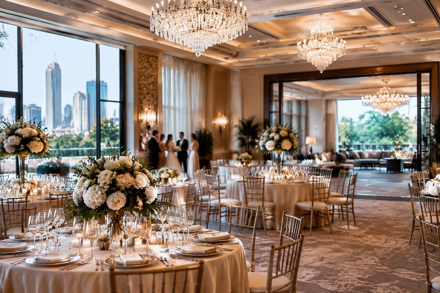 An elegant hotel ballroom set for a wedding reception.
