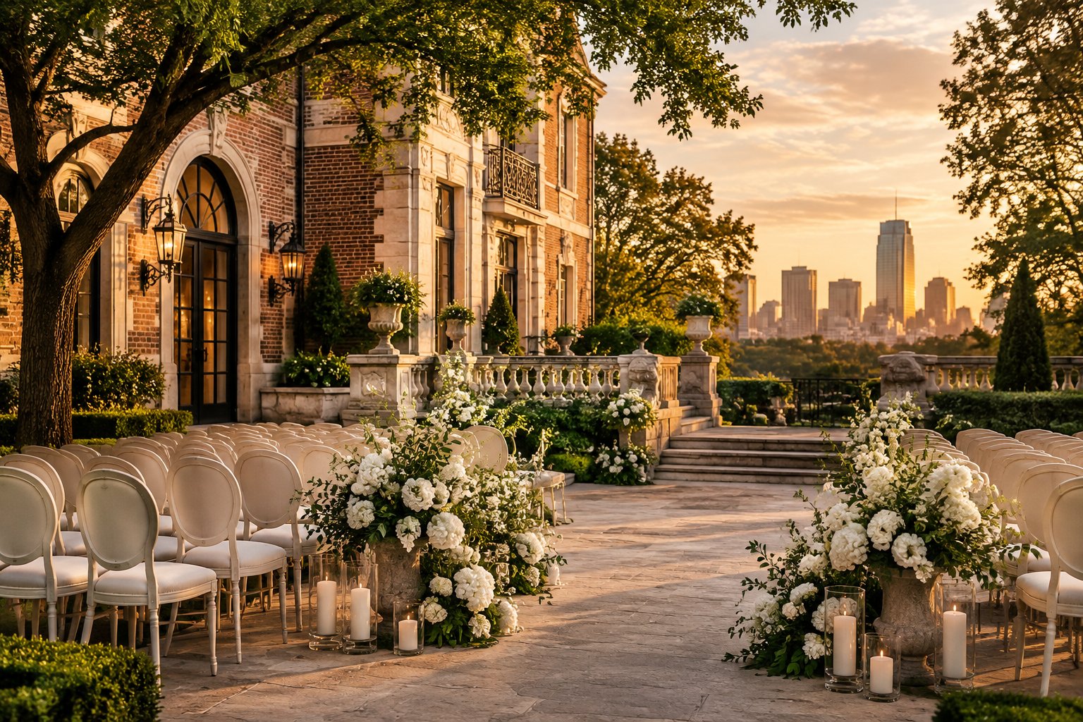 A wedding ceremony setup in the courtyard of a historic city estate.
