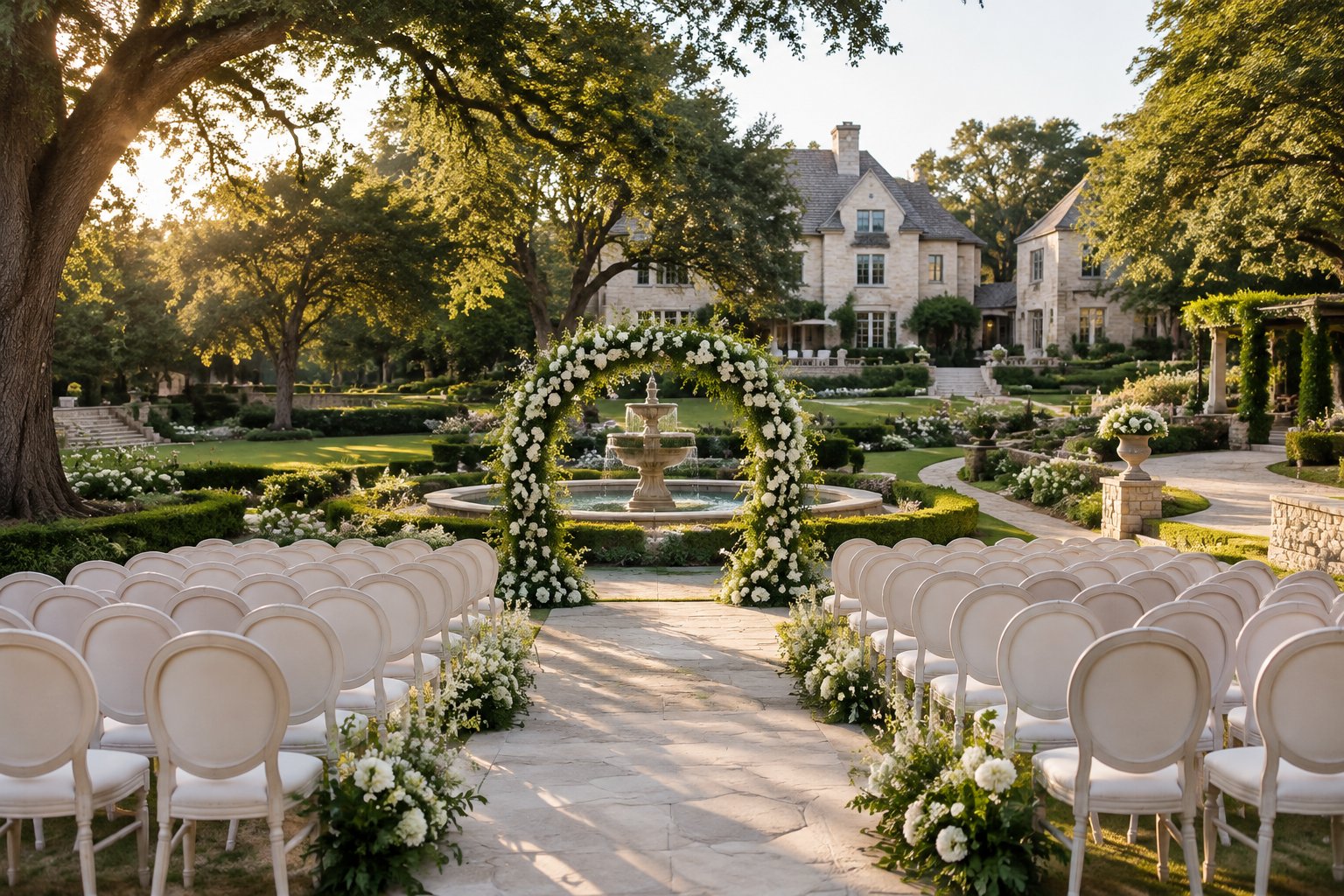 A wedding ceremony setup in a landscaped garden beside a grand estate.