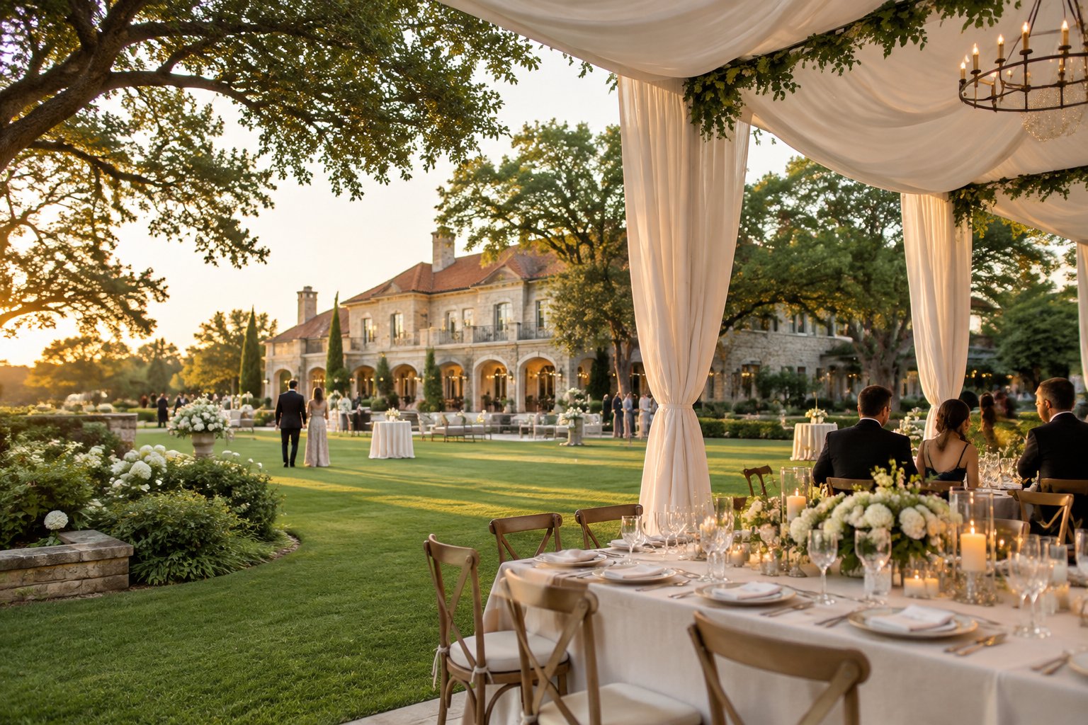 A formal wedding reception set on the lawn of a grand estate.