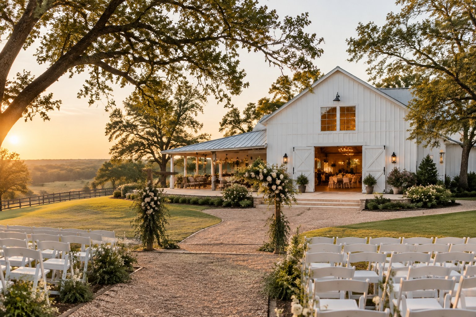 A white barn wedding venue surrounded by oak trees and green pasture, with a flower-decorated outdoor ceremony space.