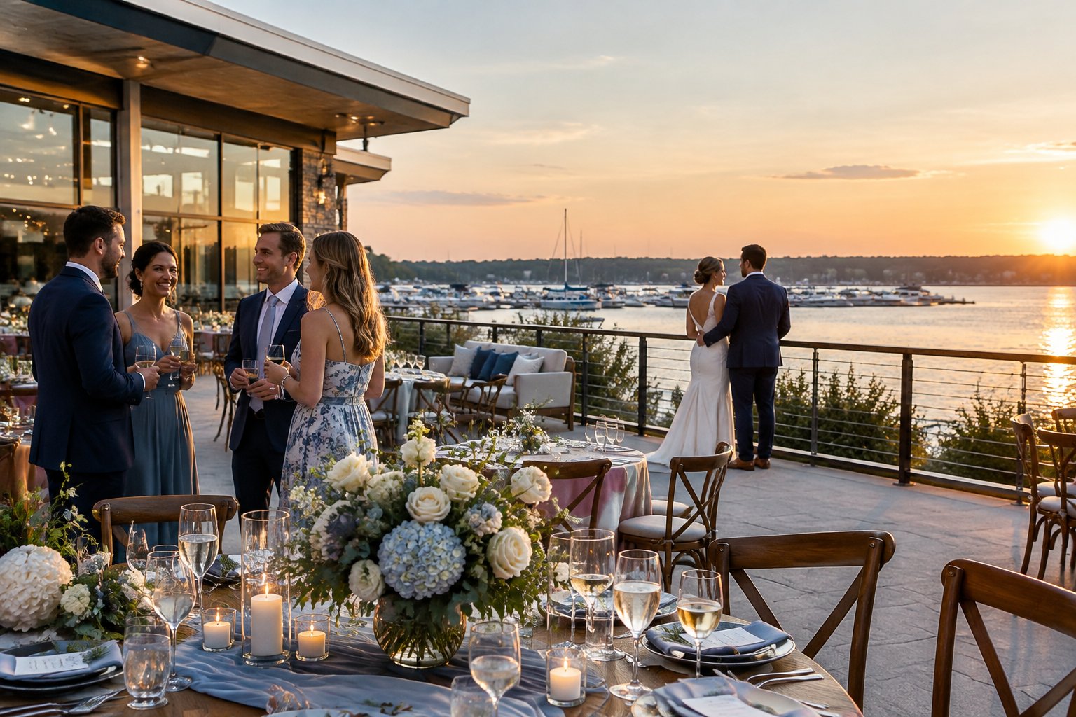 A couple and wedding guests gather on a reception terrace beside a lake.