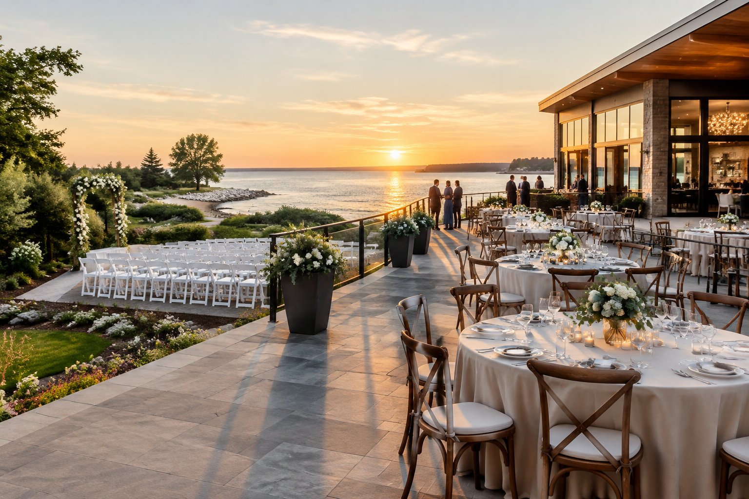 A wedding reception terrace beside a calm lake.