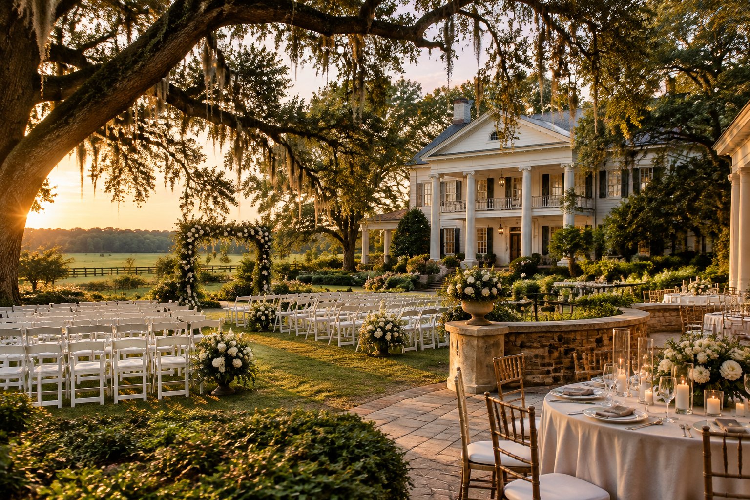 An outdoor wedding ceremony setup beside an elegant Southern mansion and garden.