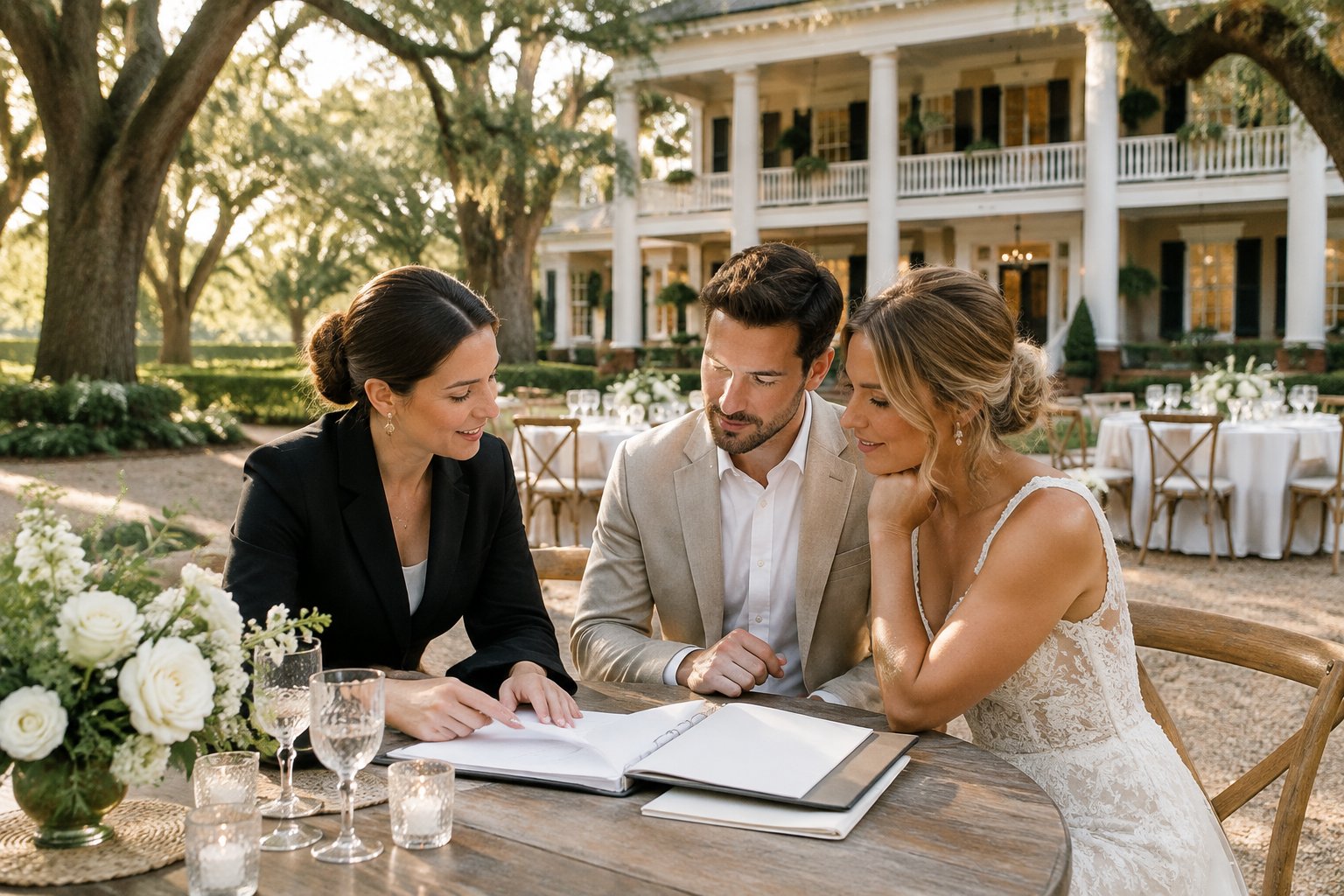 A couple and wedding planner review papers at a table outside an elegant wedding venue.