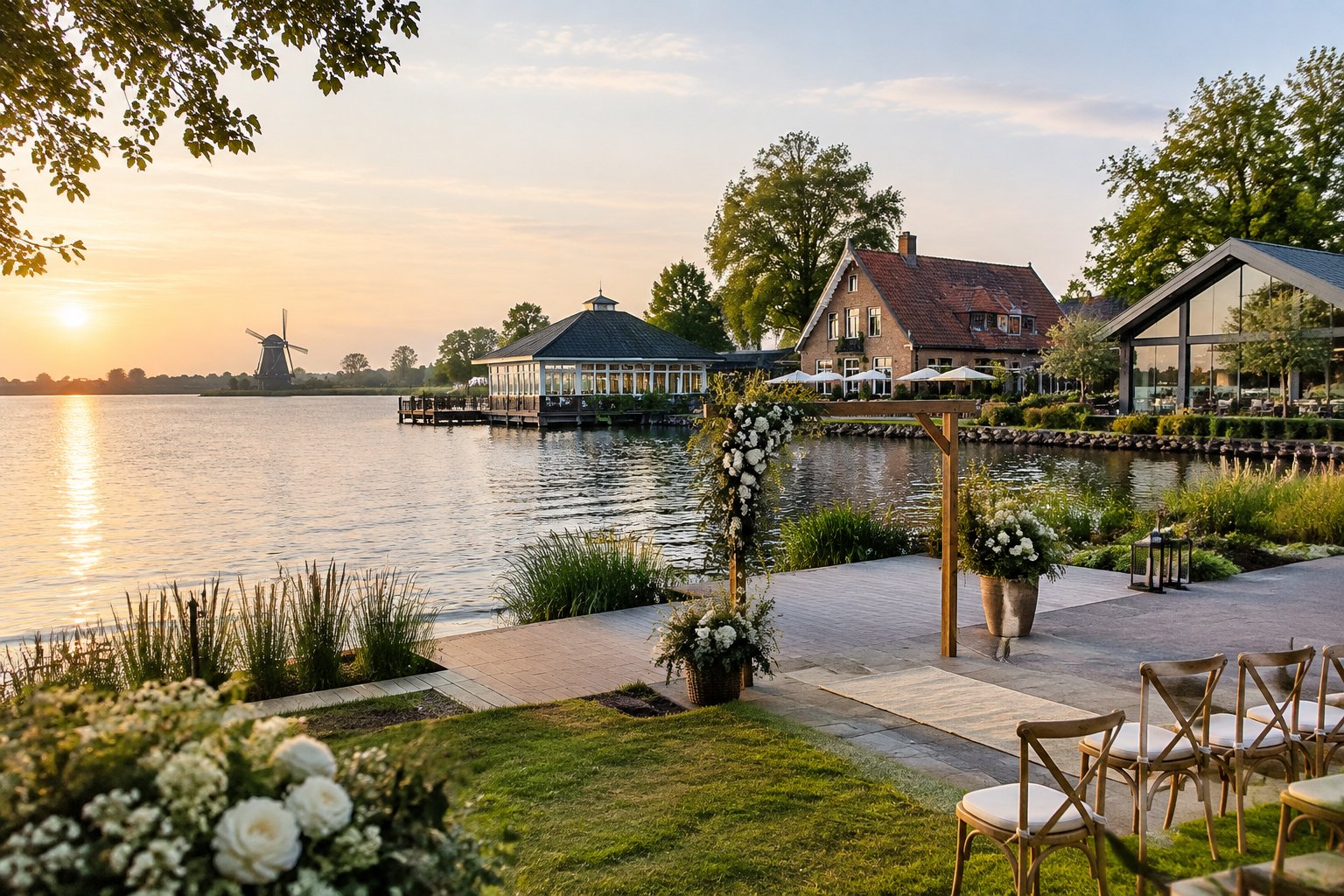 A lakeside wedding terrace in Holland overlooks calm water and several venue buildings.