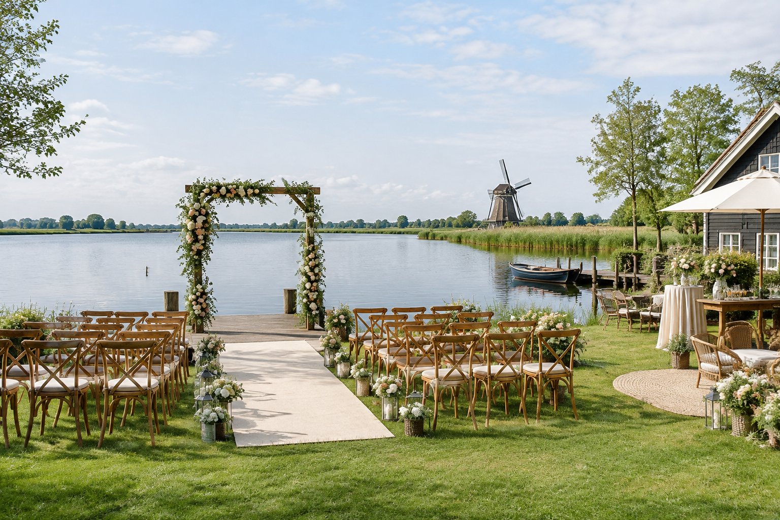 An outdoor wedding ceremony set beside a calm lake in the Dutch countryside.