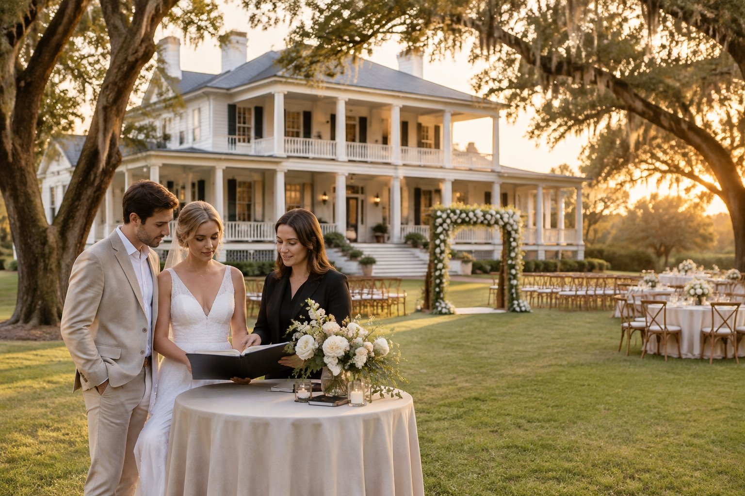 A couple and wedding planner view a Southern estate wedding venue.