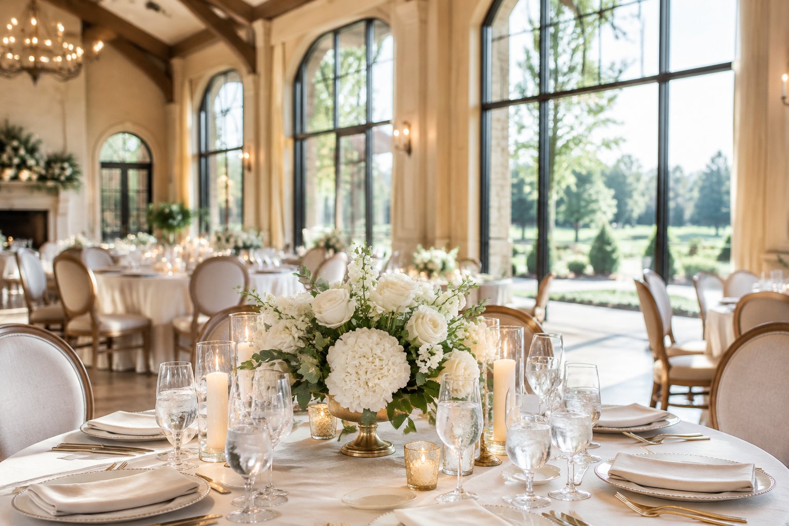 An elegant wedding reception table inside a venue overlooking landscaped grounds.