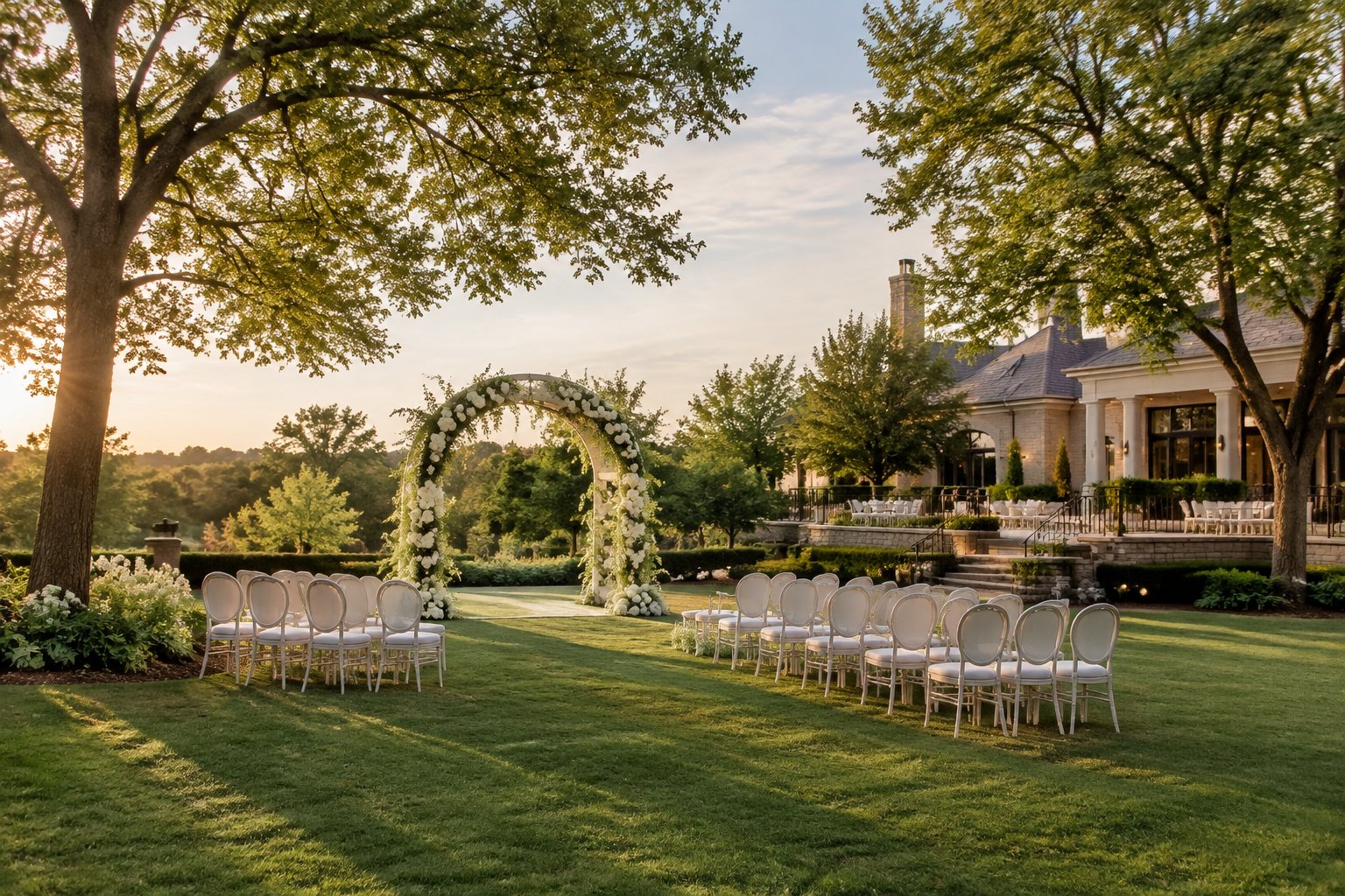 A landscaped wedding ceremony area with chairs, flowers, and a venue in the background.
