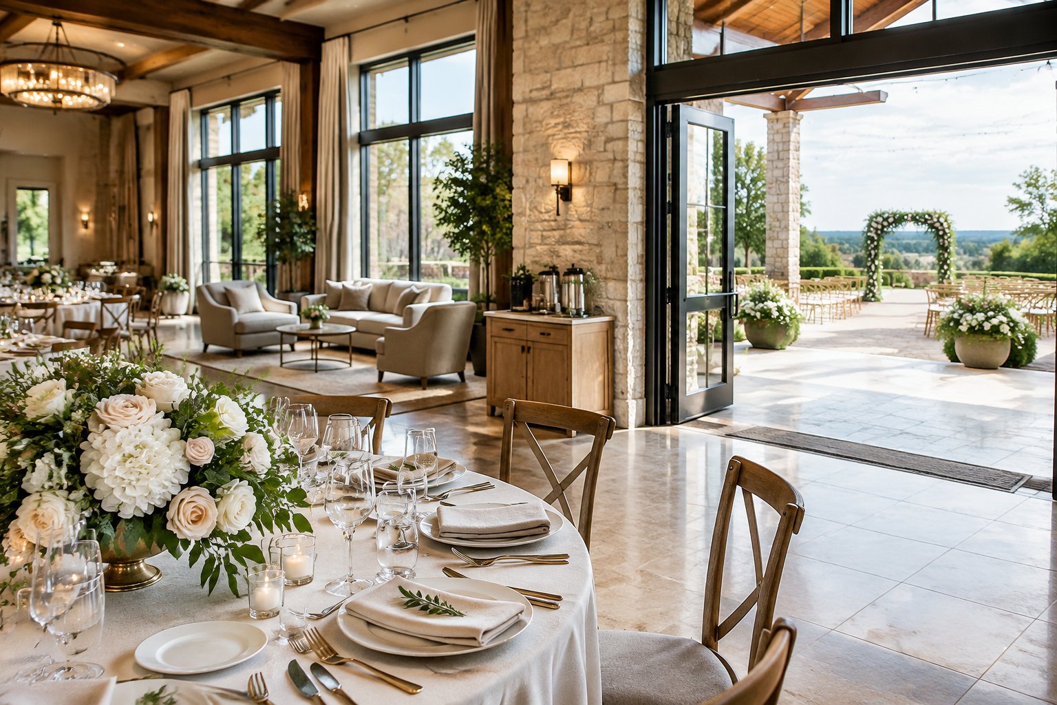 A decorated wedding reception room opens onto a garden terrace.