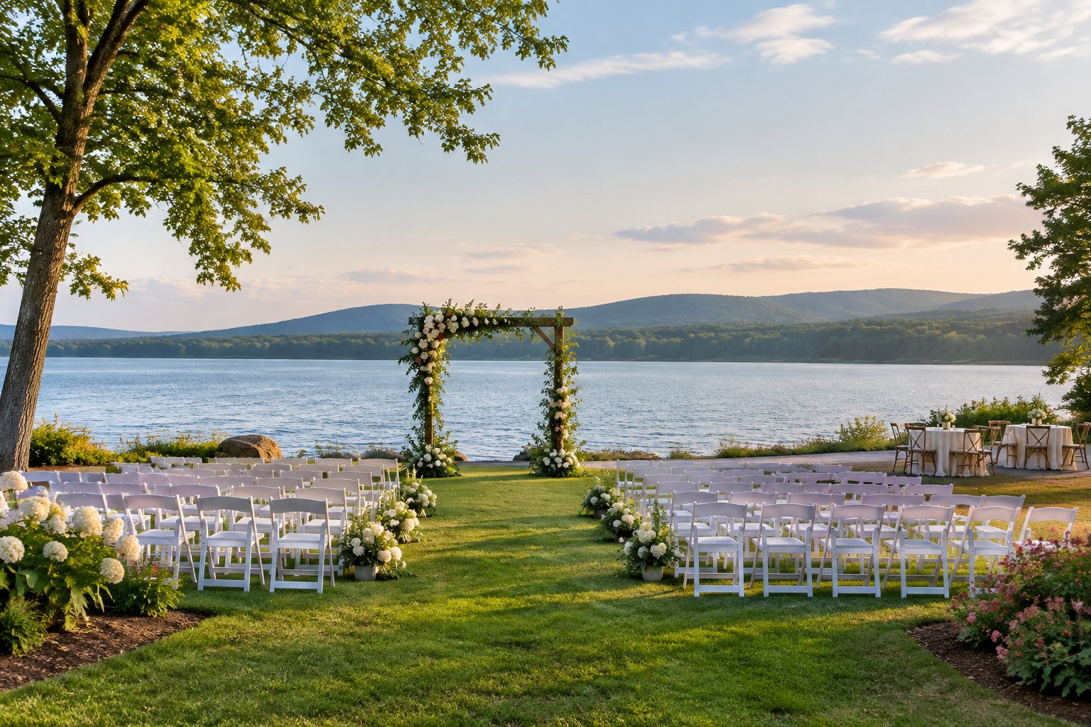 A lakeside wedding ceremony setup with white chairs beside a calm lake and wooded hills.