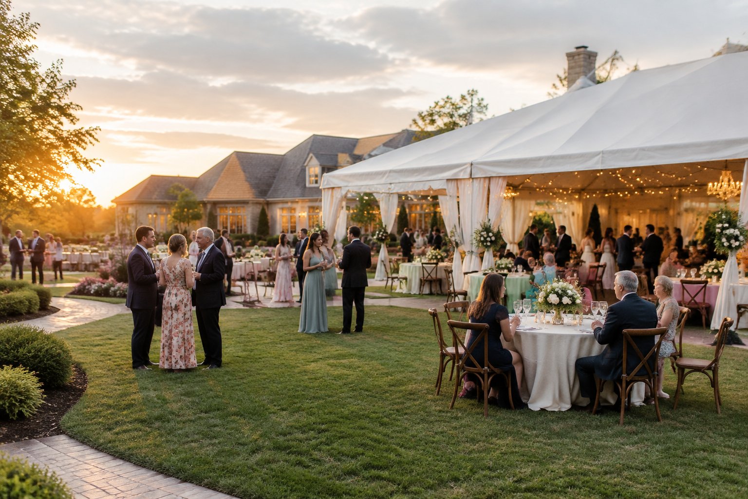 Wedding guests gather at an elegant outdoor reception venue.