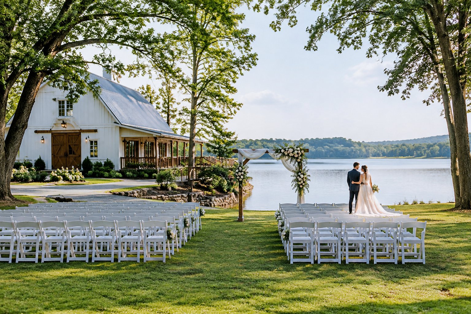 A couple stands beside a lakeside wedding ceremony setup near a white barn.