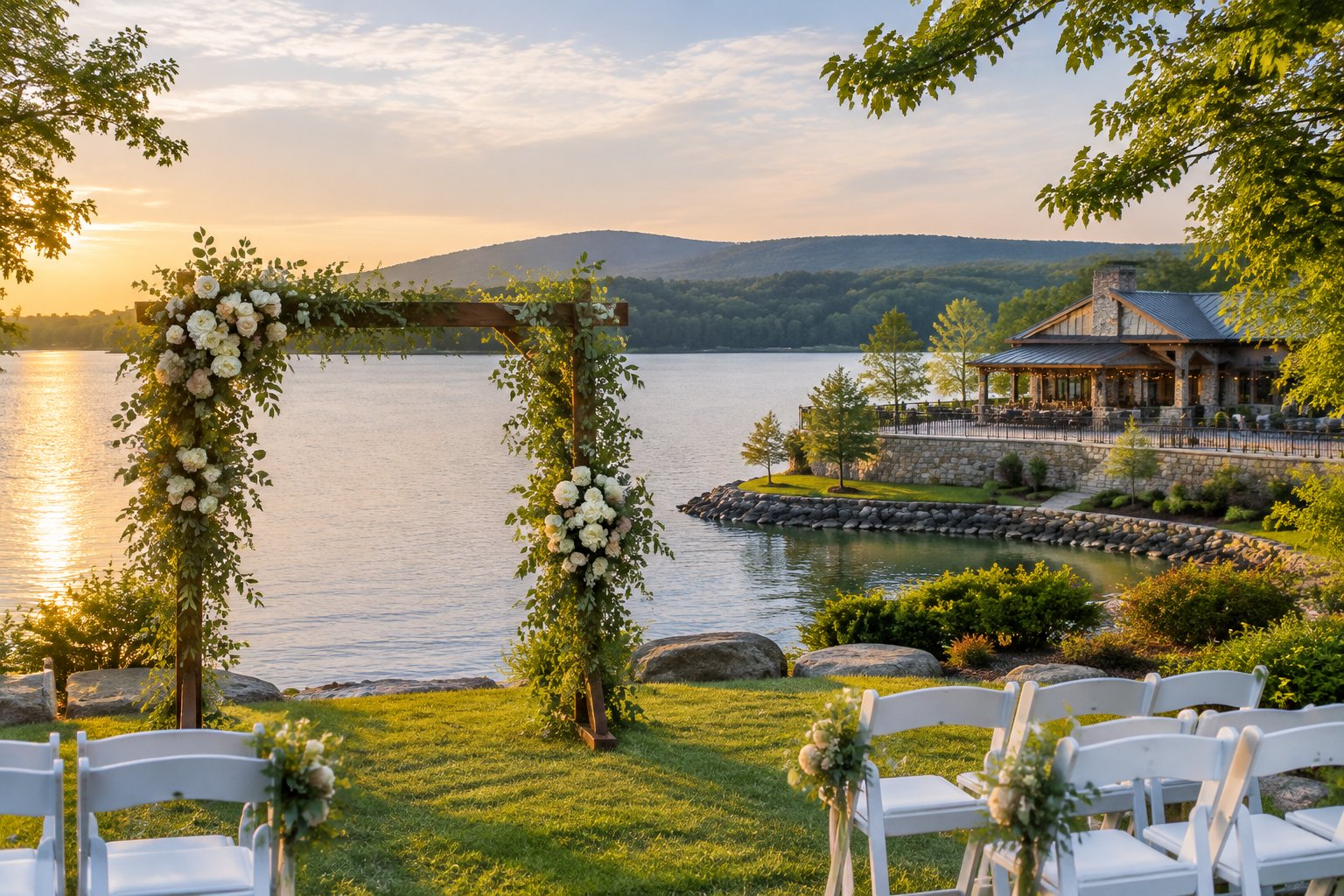 A floral wedding arch and white chairs beside a calm lake, with a lodge and wooded shoreline in the distance.