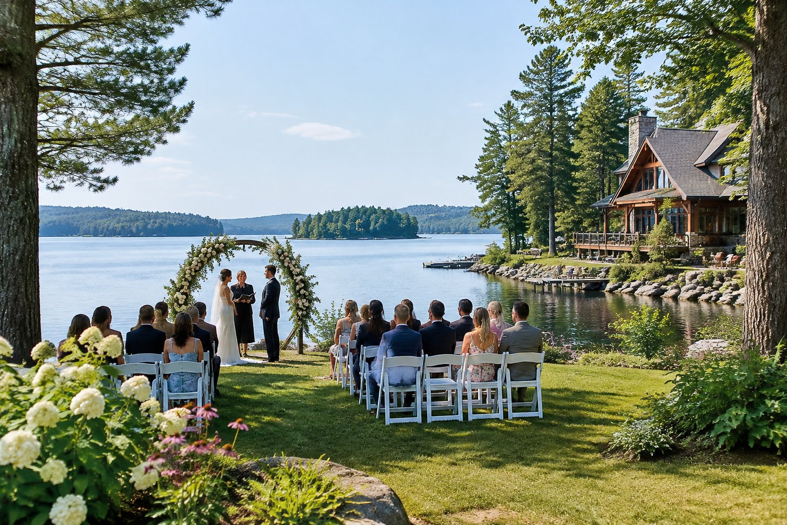 An outdoor wedding ceremony set beside a calm lake with trees along the shore.