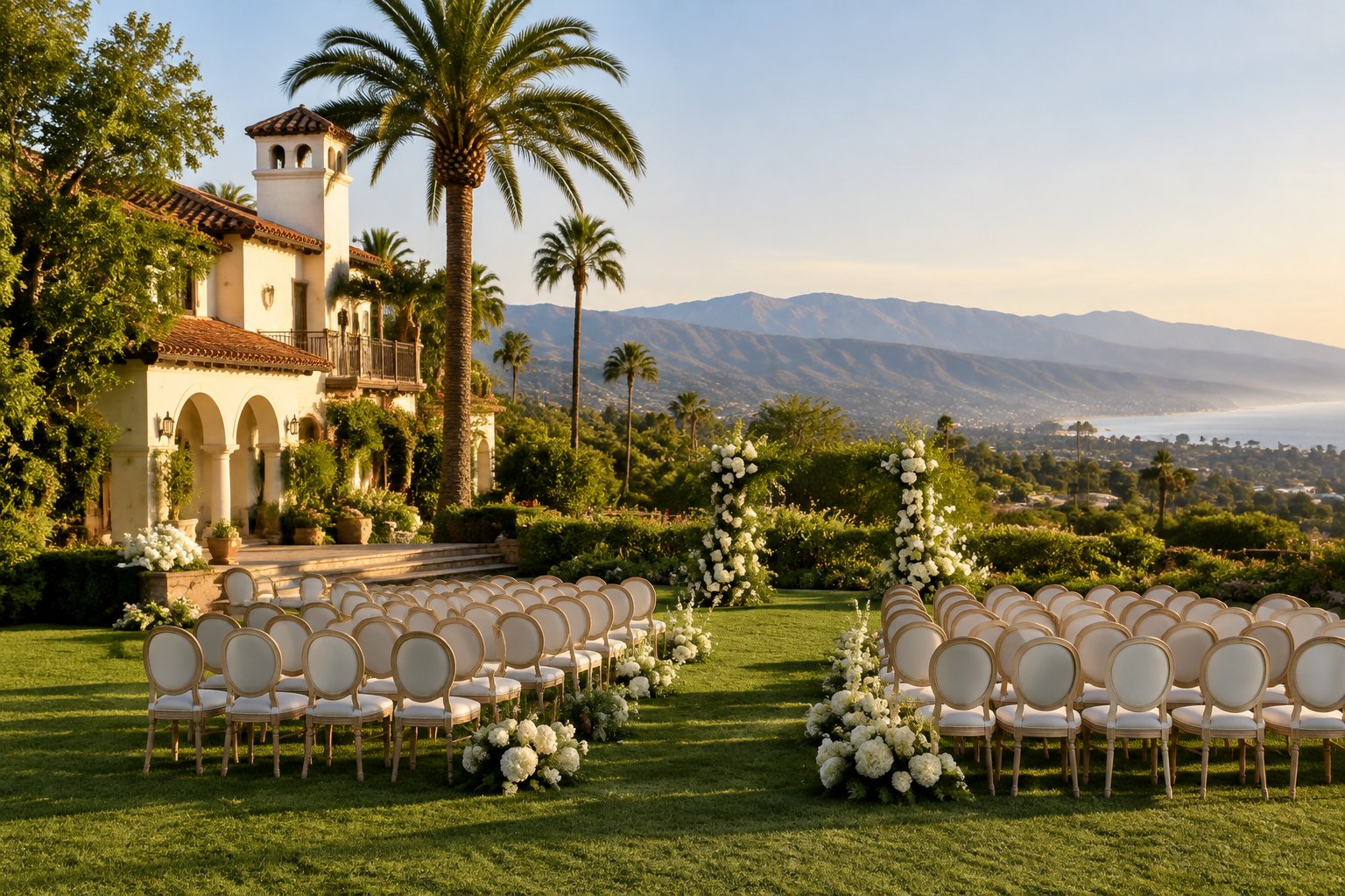 An elegant outdoor wedding ceremony at a Spanish-style estate with mountains and the coast in the distance.