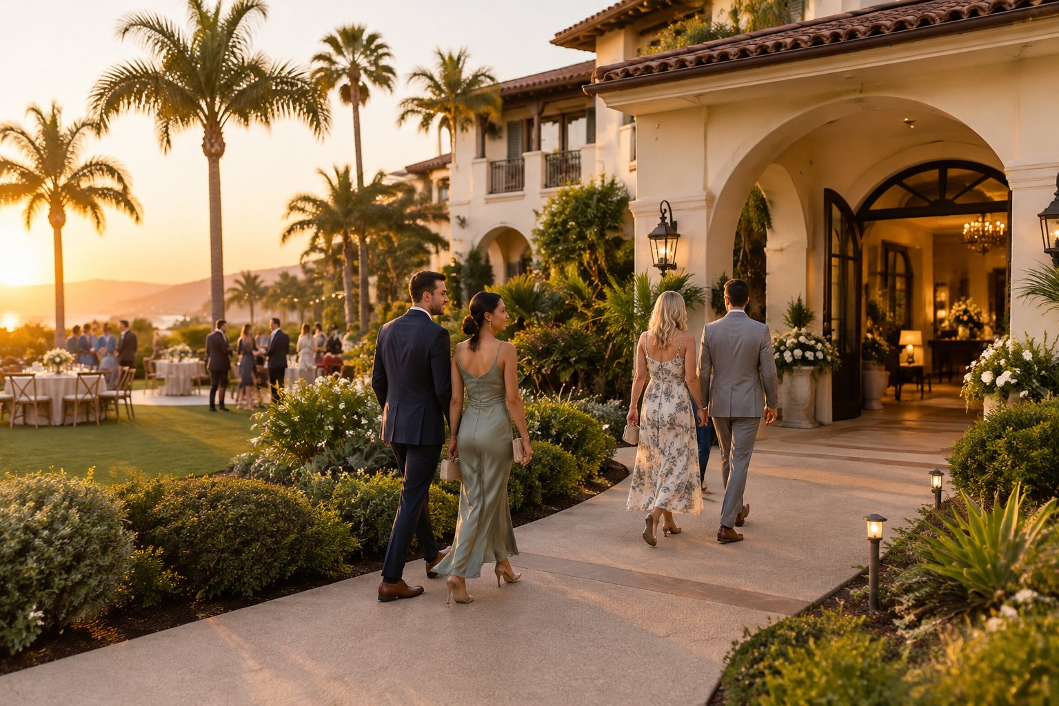 Wedding guests walk from an outdoor reception toward a resort hotel.