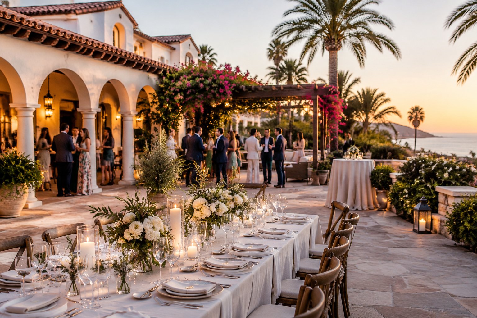 Guests mingle at an outdoor wedding reception in a garden courtyard.