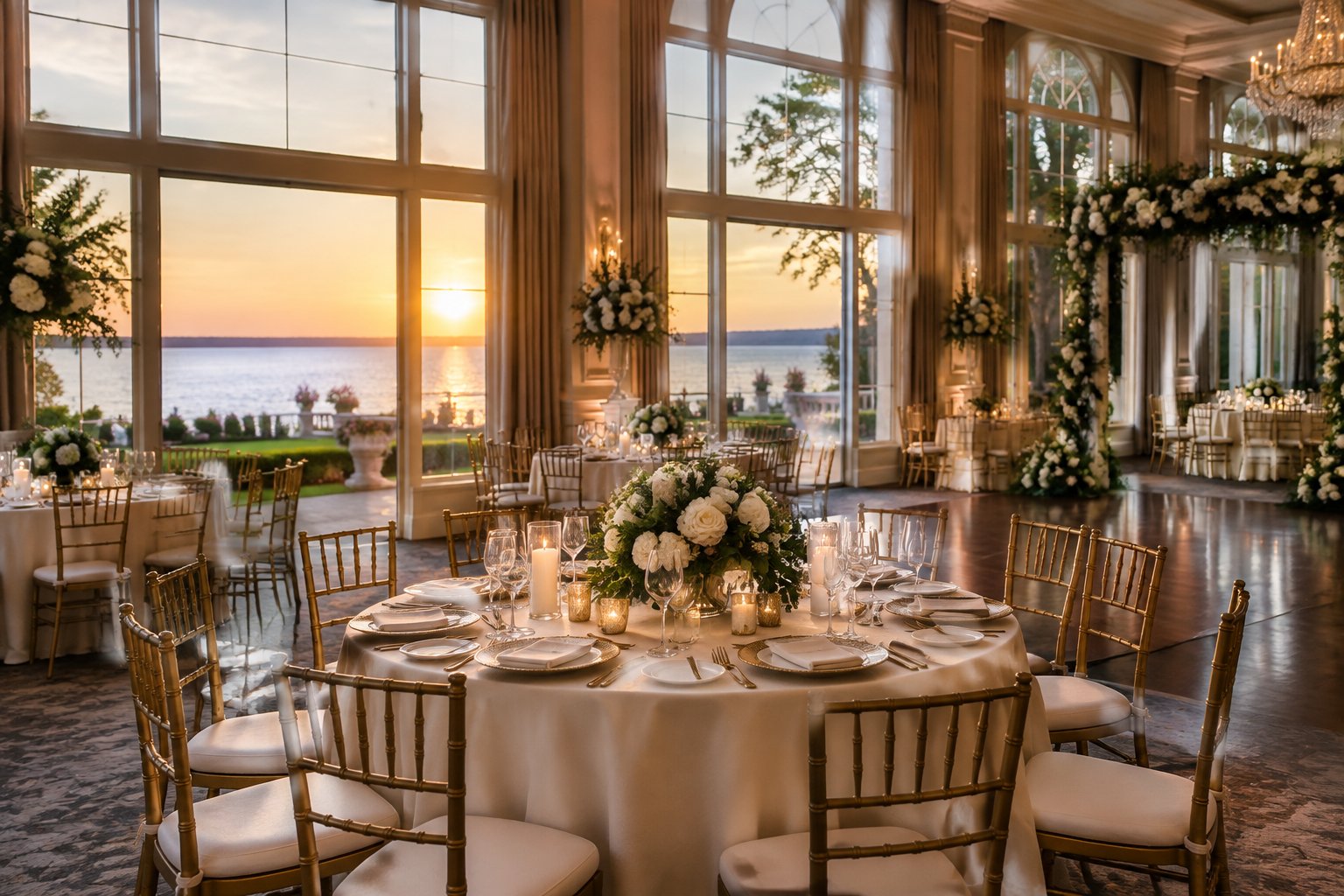 An elegant wedding reception room overlooking Lake Erie.