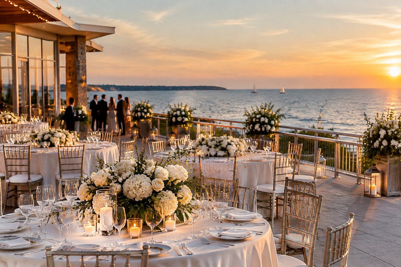An elegant wedding reception set on a terrace overlooking Lake Erie.