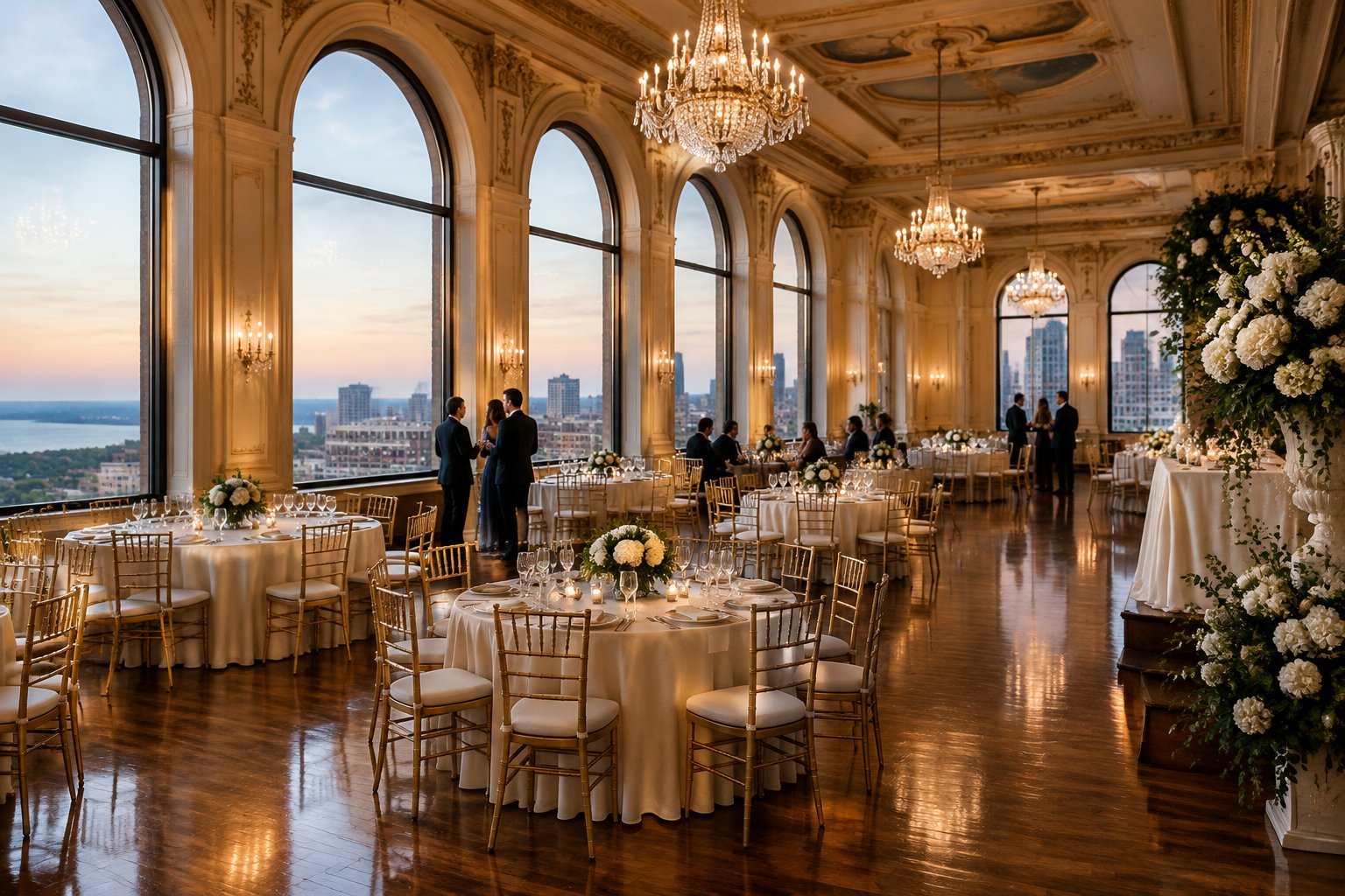 A wedding reception in a historic downtown ballroom with elegant tables and tall windows.