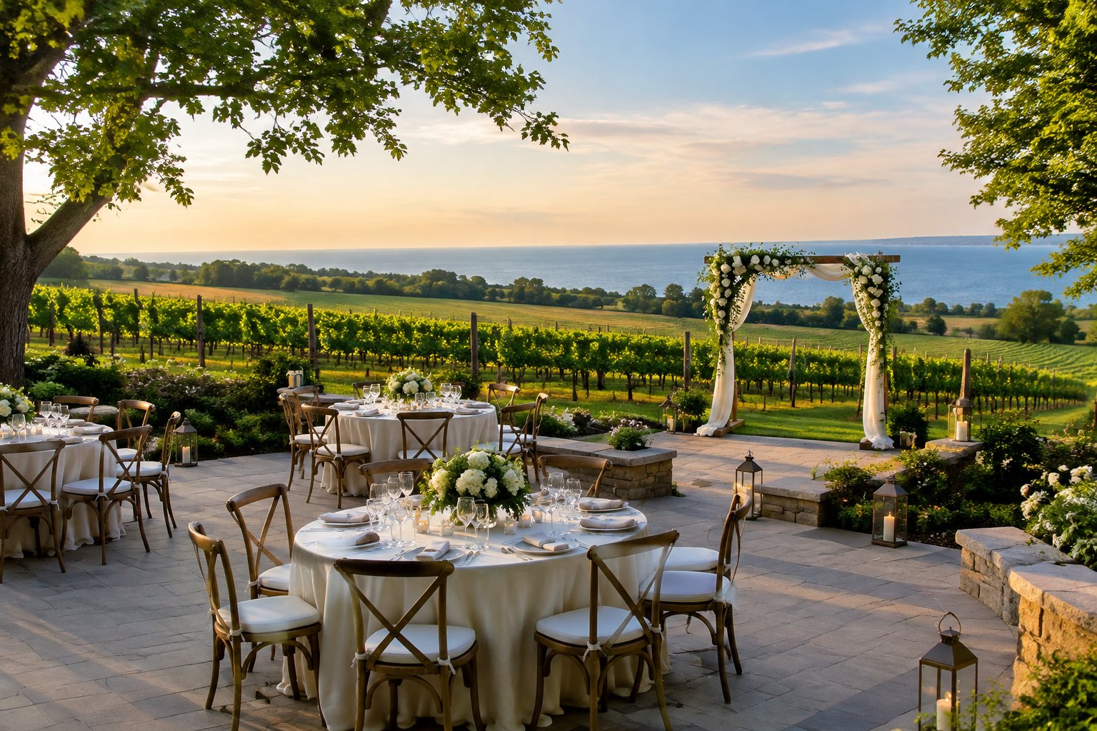 An elegant wedding reception overlooking a vineyard and rolling countryside.