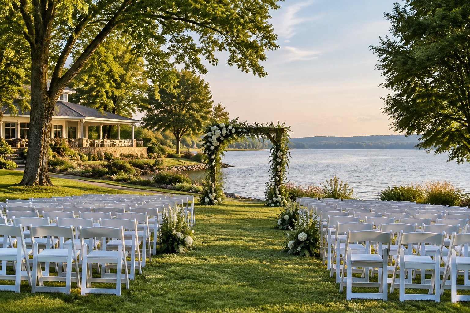 A wedding ceremony setup on a grassy lawn beside a calm lake.