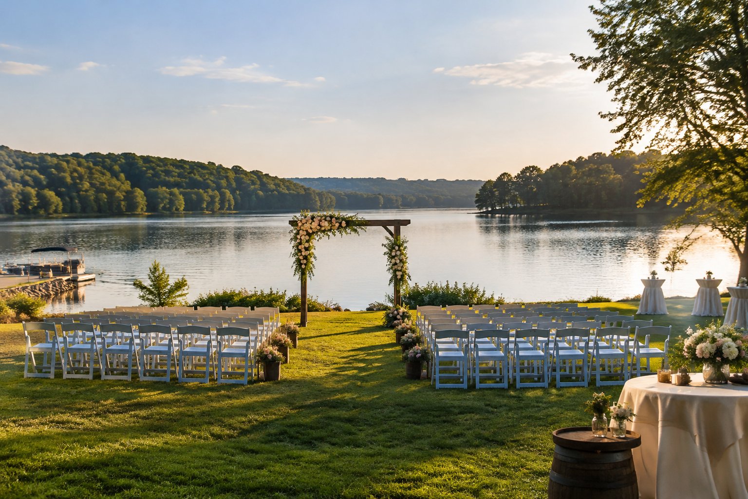 A wedding ceremony setup on a green lawn beside a calm lake and wooded shoreline.