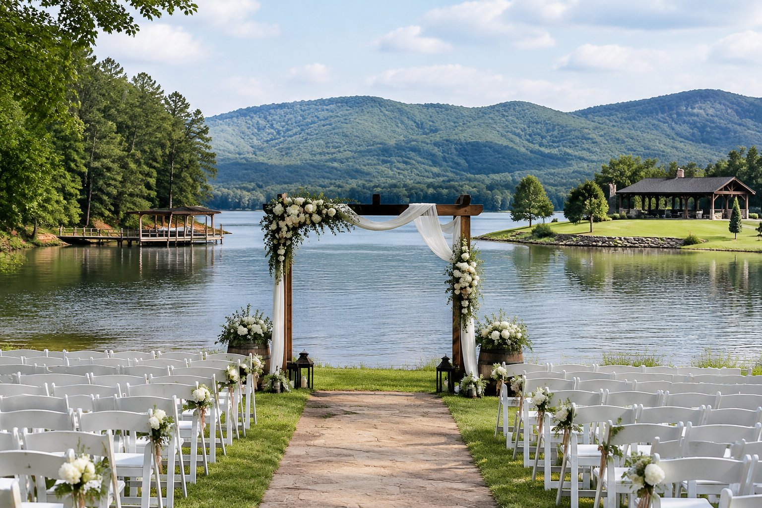 A lakeside wedding ceremony setup between a wooded shoreline and a manicured lawn.