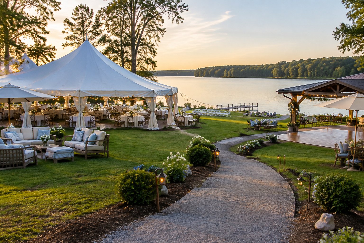 A lakeside wedding reception with a white tent, decorated tables, and a calm lake in the background.