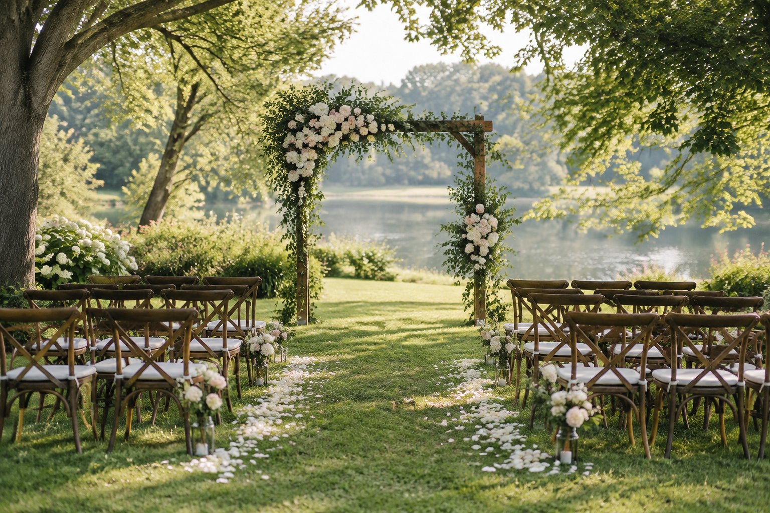 A small garden wedding ceremony setup with a floral arch and rows of chairs.