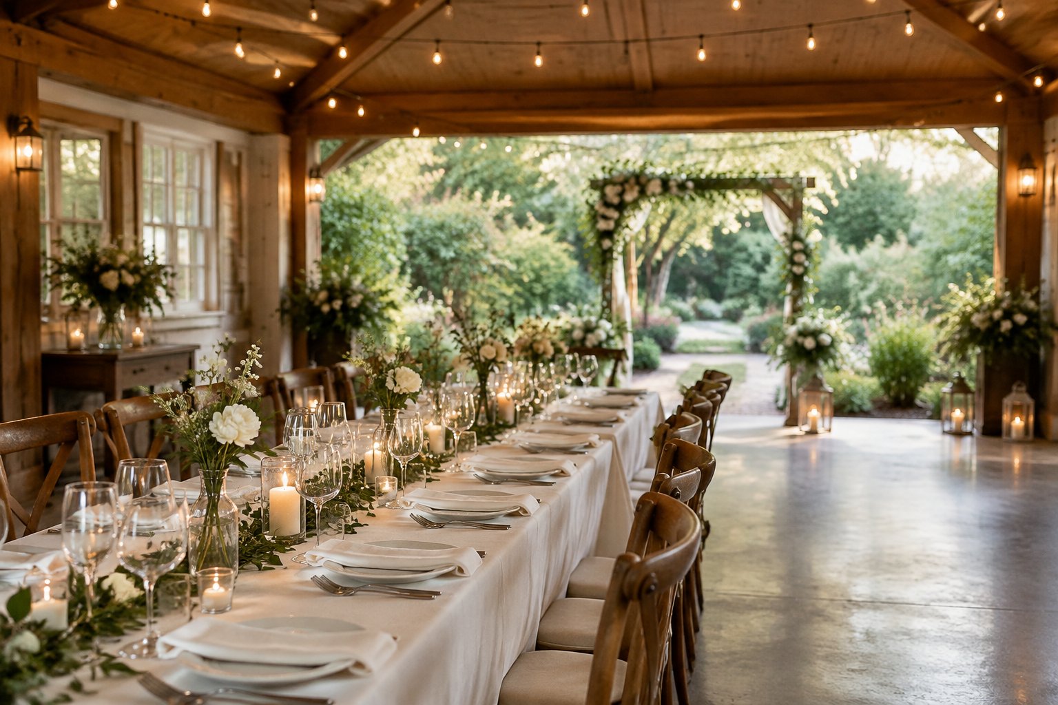 An intimate wedding reception table set with flowers and candles in a garden pavilion.