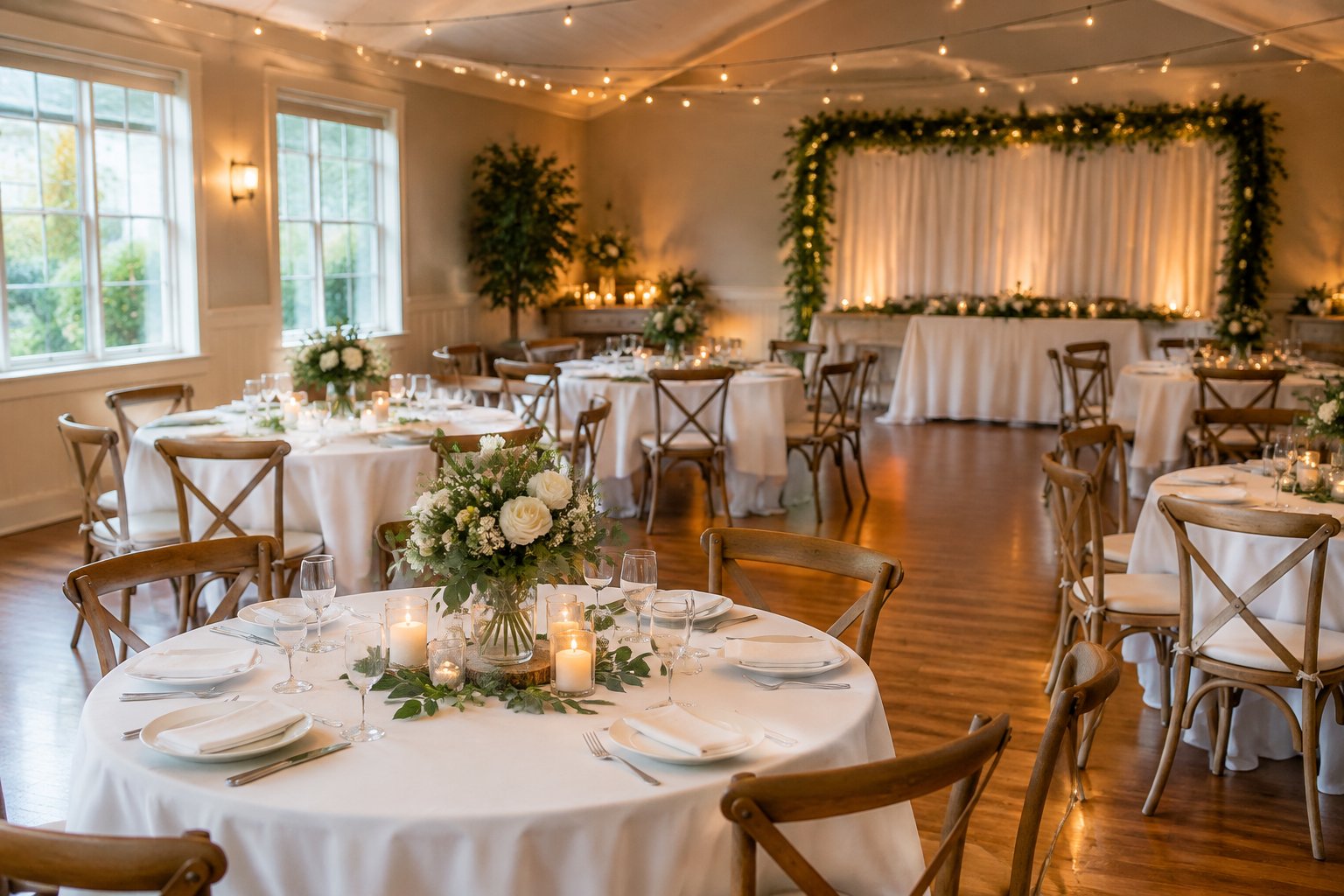 A small wedding reception venue decorated with white table linens, greenery, flowers, and warm lights.
