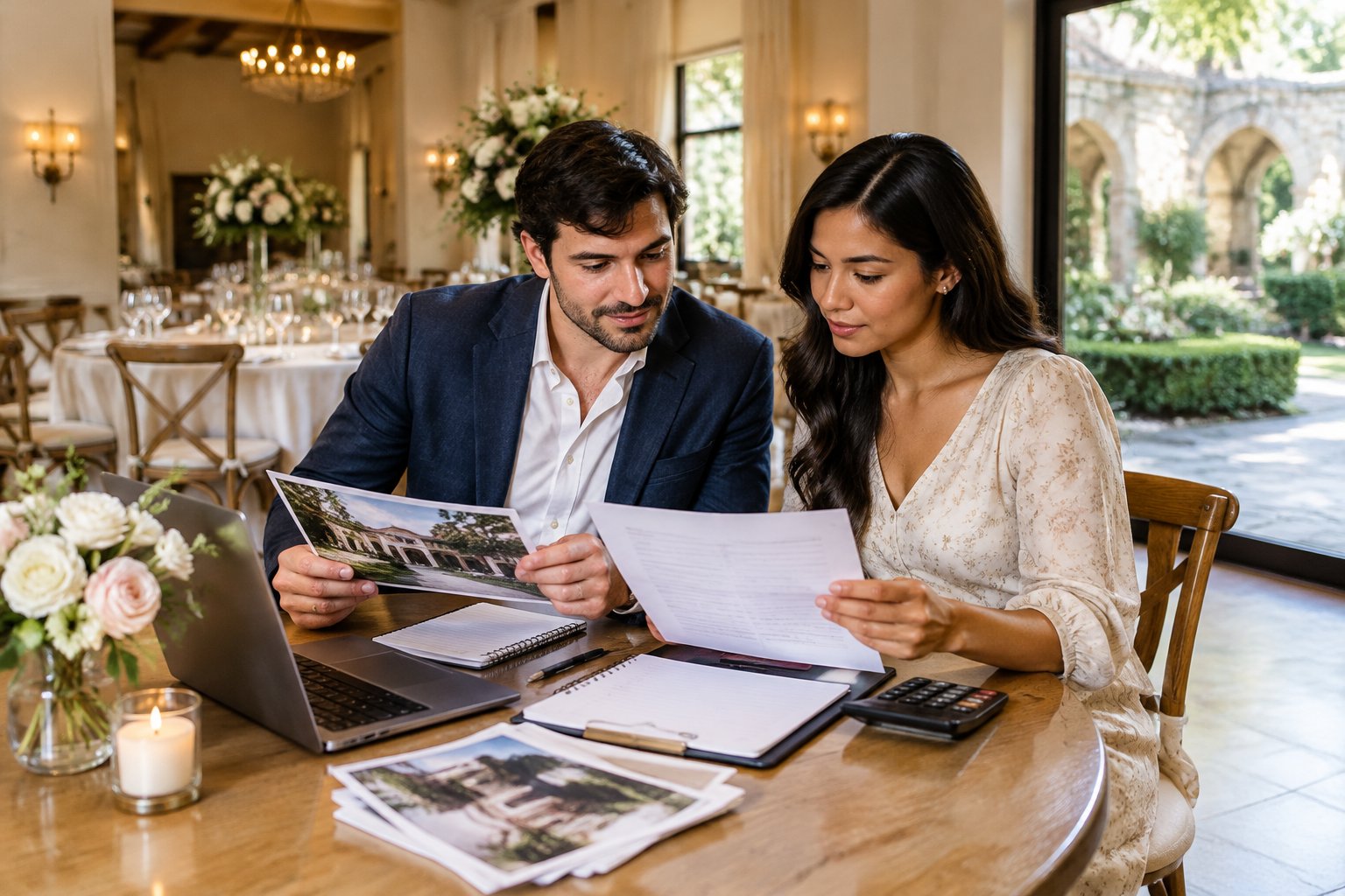 An engaged couple compares venue photos and paperwork at a table in an elegant wedding venue.