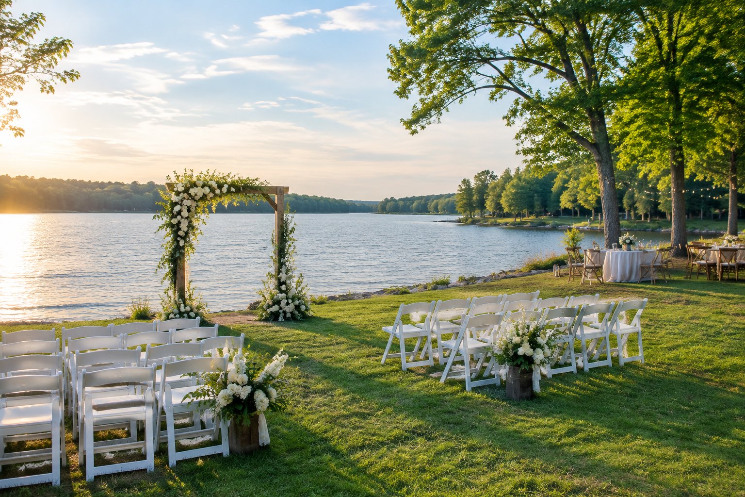 A wedding ceremony setup on a grassy lakeshore beside a calm lake.